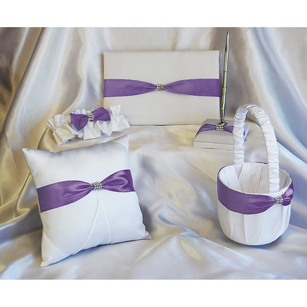 5pcs/set Wedding Supplies Double Heart Satin Flower Girl Basket + 7 * 7  inches Ring Bearer Pillow + Guest Book + Pen Holder + Bride Garter Set White